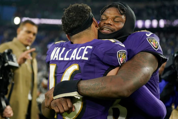 Dec 10, 2023; Baltimore, Maryland, USA; Baltimore Ravens wide receiver Tylan Wallace (16) and quarterback Lamar Jackson (8) celebrate after winning in overtime against the Los Angeles Rams at M&T Bank Stadium. Mandatory Credit: Jessica Rapfogel-USA TODAY Sports